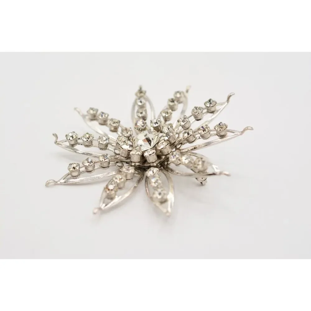 Vintage Crystal Flower Pin Brooch Baguette Prong Rhinestone Silver 1960s BinAL